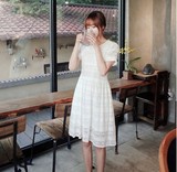 夏装新款韩国cherrykoko修身显瘦蕾丝圆领纯色中长款短袖连衣裙