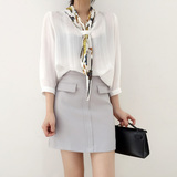 2016夏季新款韩版气质宽松显瘦领带七分袖雪纺衫打底白衬衫上衣女