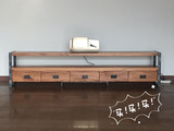 简约现代实木电视柜 美式loft复古铁艺做旧电视柜带储物抽屉柜