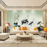 中式客厅无缝大型壁画电视背景墙壁纸浮雕3d立体水墨墙纸荷花牡丹