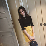 韩国2016春装新款韩版甜美纯色荷叶边中袖修身打底显瘦针织衫女