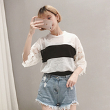 2016夏季新款韩版女装蕾丝七分袖子镂空拼接宽条纹撞色短袖T恤潮