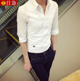 夏季男装修身短袖发型师衬衫青年英伦白色七分袖中袖韩版7衬衣潮