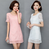 2016新款韩版女装时尚中长款短袖圆领镂空蕾丝连衣裙显瘦显高品质