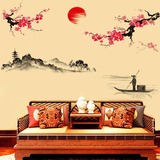 中式客厅沙发背景电视墙装饰 中国风水墨画梅花江南小船墙贴纸