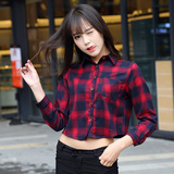 2016韩版春季新款学生风格子衬衣长袖修身性感短款露脐衬衫女