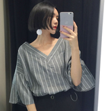 2016夏季新款喇叭袖竖条纹V领短袖衬衫女韩版宽松时尚个性衬衣潮