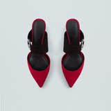 MANGO 新加坡代购 新款尖头红色踝带镂空露后跟马蹄跟拖鞋高跟鞋