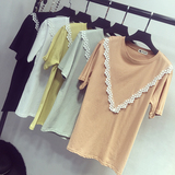 2016夏季新款韩版宽松 显瘦蕾丝拼接纯色圆领女短袖T恤潮上衣打底