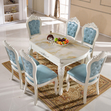 欧式餐桌椅组合 实木伸缩大理石长方形6人圆桌小户型带转盘西餐桌