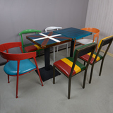 美式铁艺复古餐桌椅子 彩色实木咖啡厅甜品店桌椅组合 创意接待桌