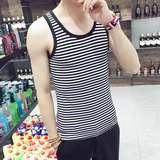 夏季韩版修身纯棉 男士条纹紧身背心 青年休闲运动无袖薄款汗衫潮