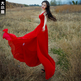 夏季超长款大摆性感V领开叉吊带抹胸雪纺连衣裙韩版修身红色长裙