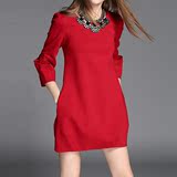 2016秋新款女装时尚弹力修身宽松腰灯笼裙红色简约气质毛呢连衣裙