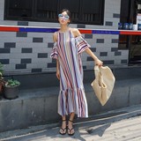 2016夏装新款韩国时尚气质彩色条纹吊带露肩鱼尾度假连衣裙长裙女