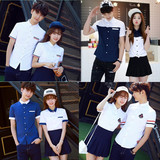 学院风情侣装夏装新款韩版修身男女短袖衬衫学生班服印花大码衬衣