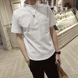 夏季日系潮男小清晰立领短袖衬衫青年白色复古休闲套头中袖衬衣男