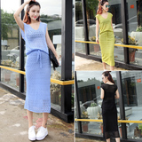 夏季新款潮韩版女装V领修身无袖背心+系带针织裙两件套连衣裙女
