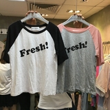 韩国东大门订单夏季女装新款拼接袖圆领套头字母上衣后背米奇T恤