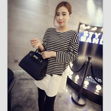 2016韩版时尚新款雪纺拼接中长款大码蝙蝠长袖显瘦T恤打底衫T恤女