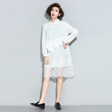 2016大码女装韩版蕾丝拼接中长款连衣裙假两件长袖娃娃领女衬衫裙