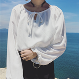 2016夏装新款韩版学院风系带雪纺衫衬衫 休闲宽松娃娃衫衬衣女潮