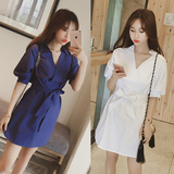 2016夏装新款蘑菇街女装韩版时尚气质V领五分袖衬衫连衣裙配腰带