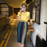 DOEO夏季新款2016韩版百褶压褶彩色复古条纹撞色拼色包臀半身裙潮