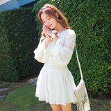 韩版2016春新款镂空灯笼袖中裙白色蕾丝雪纺长袖连衣裙收腰公主裙