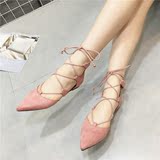 韩版夏季新品甜美粉色绒面交叉绑带尖头镂空平底鞋后拉链平跟单鞋