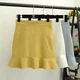 韩国夏季鱼尾裙半身裙高腰显瘦a字型包臀裙纯色荷叶边气质短裙女