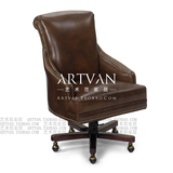 艺术范高端定制美式真皮办公椅新古典实木旋转椅书房复古皮椅子