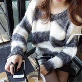 蝙蝠袖深V领套头罩衫韩国秋冬季短款条纹针织衫宽松马海毛毛衣女