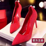 红色结婚鞋夏季中跟浅口红鞋新娘鞋性感黑色高跟鞋细跟尖头单鞋女