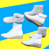 豆豆鞋白色护士鞋坡跟平底加绒棉鞋真皮圆头短靴防滑套脚秋季冬款