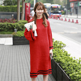 韩版秋冬季针织衫宽松长款毛衣裙外套女毛线甜美喇叭袖连衣裙加厚