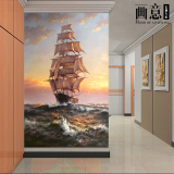 3D风景墙纸 欧式大海帆船玄关走廊过道风景无纺布背景墙壁纸壁画