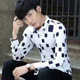 韩版男士修身衬衣青少年格子长袖衬衫休闲寸衫秋学生潮流衣服男装