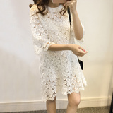 2016夏季新款韩版小清新短袖白色蕾丝连衣裙女中长款镂空中裙显瘦