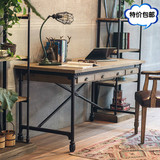 美式LOFT铁艺实木书桌做旧办公桌移动电脑桌复古工作台写字桌子