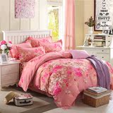 床上用品秋冬加厚纯棉磨毛四件套全棉1.8m被套粉红色牡丹花纹床单