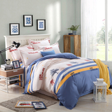 床上用品秋冬加厚纯棉磨毛四件套全棉1.8m床单式被套米色蓝色条纹