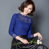 2016秋装新款韩版气质修身立领镂空蕾丝拼接网纱打底衫T恤女长袖
