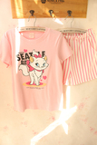 韩国代购东大门夏季睡衣可爱萌粉色猫咪短袖T恤短裤套装家居服女