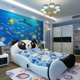 儿童床皮床软床简约现代卡通真皮床1.5米1.8米男孩女孩熊猫床