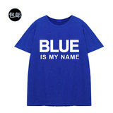 花田橱窗 韩版字母BLUE蓝色五分袖中长款情侣衫T恤女装夏季新款