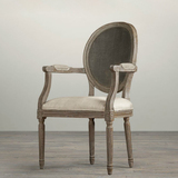 法式复古实木餐椅 比利时进口亚麻面料 橡木雕花藤制圆背扶手椅
