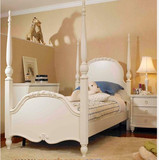 美式欧式 仿古做旧白色实木公主柱式 1.5单人儿童床榫卯家具定制