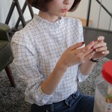 2016宽松韩国娃娃衫上衣 木耳花边立领衬衫女 秋季格子衬衣长袖