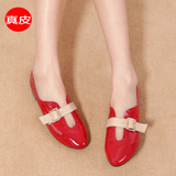 新款欧美大牌女鞋真皮新娘鞋尖头红色平底婚鞋浅口低跟大小码单鞋